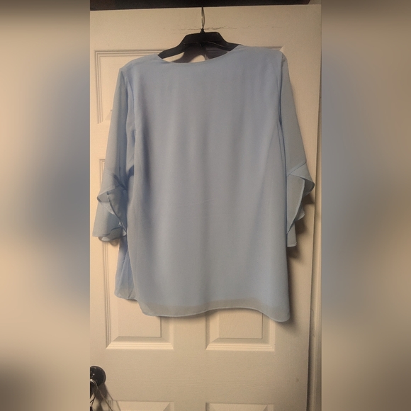 Baby Blue Split Ruffle Sleeve V-Neck Calvin Klein Blouse - Picture 3 of 6